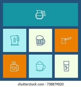 Set Of 7 Beverages Outline Icons Set. Collection Of Mug, Pot, Kettle And Other Elements.