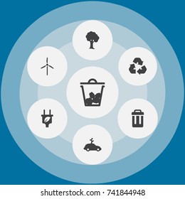Set Of 7 Bio Icons Set.Collection Of Trash Bin, Container, Cleaning And Other Elements.