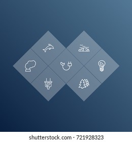 Set Of 7 Bio Outline Icons Set.Collection Of Dolphin, Charge, Garbage And Other Elements.