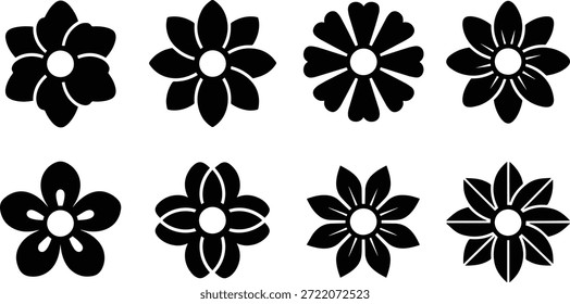 Conjunto de 7 silhuetas de flor preta elementos de design vetorial feixe floral para design gráfico