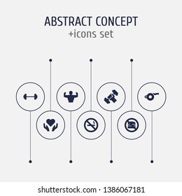 Set of 7 bodybuilding icons set. Collection of workout, health care, no smoking and other elements.