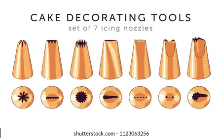 Set of 7 brass icing nozzles. Top view and front view. Most popular cake decorating tips. Vector illustration.