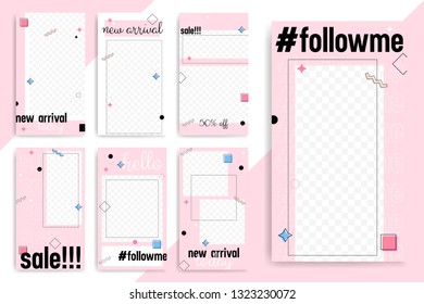 Set of 7 Bright editable template for instagram Stories and Streams. Trendy pink color and memphis elements. Vector illustration