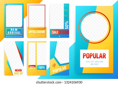 Set Of 7 Bright Editable Template For Instagram Stories And Streams. Trendy Sport Style Color. Vector Illustration