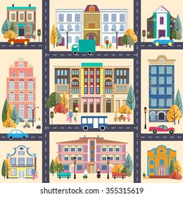 Set 7 buildings style small business Flat design Seamless pattern Architecture town city tree bus car cartoon background backdrop street urban road light lantern Illustration Image Vector Icon stock 