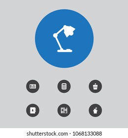 Set of 7 bureau icons set. Collection of telephone, wastebasket, flowerpot and other elements.