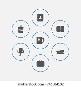 Set Of 7 Bureau Icons Set.Collection Of Urn, Sew, Cup And Other Elements.
