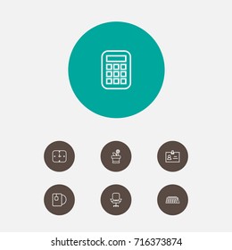 Set Of 7 Bureau Outline Icons Set.Collection Of Flowerpot, Badge Id, Wall Clock And Other Elements.