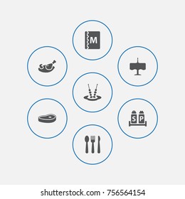 Set Of 7 Cafe Icons Set.Collection Of Grill, Condiments, Silverware And Other Elements.