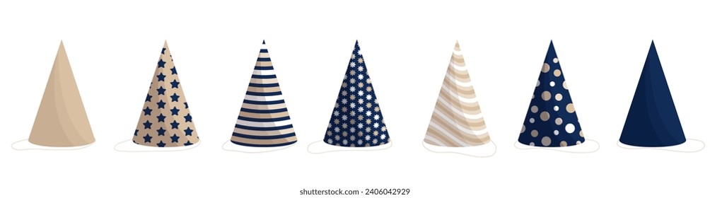 Set of 7 cartoon dark blue and beige party hats for birthday celebration. Flat birthday caps clip art, festive glossy party cones stickers for carnival, masquerade