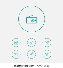 Set Of 7 Cheerful Outline Icons Set.Collection Of Microphone, Flower, Alcohol And Other Elements.