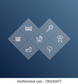 Set Of 7 Child Outline Icons Set.Collection Of Crib, Rattles, Carriage And Other Elements.