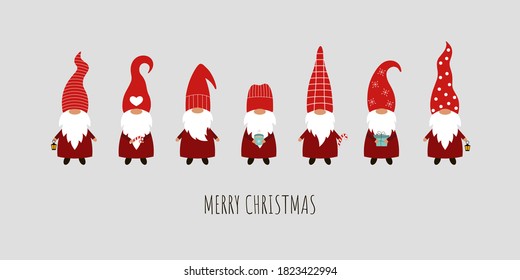 Set of 7 Christmas gnomes on a gray background. Vector card with gnomes in red hats.