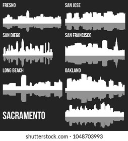 Set Of 7 City Silhouette In California ( San Francisco, San Diego, Fresno, Long Beach Oakland, Sacramento, San Jose )