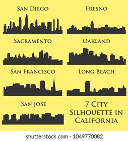 Set of 7 City silhouette in California ( San Francisco, San Diego, Fresno, Long Beach Oakland, Sacramento, San Jose )