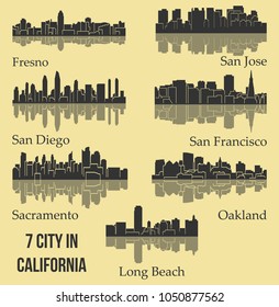 Set of 7 City silhouette in California ( San Francisco, San Diego, Fresno, Long Beach Oakland, Sacramento, San Jose )