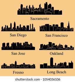 Set of 7 City silhouette in California ( San Francisco, San Diego, Fresno, Long Beach Oakland, Sacramento, San Jose )