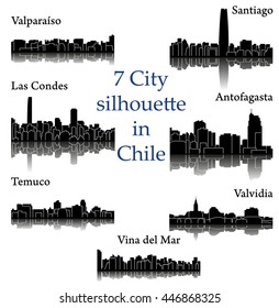 Set of 7 City silhouette in Chile ( Santiago, Vina del Mar, Valvidia, Antofagasta, Las Condes, Valparaiso, Temuco )