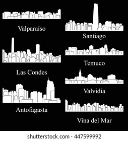 Set of 7 City silhouette in Chile ( Santiago, Vina del Mar, Valvidia, Antofagasta, Las Condes, Valparaiso, Temuco )