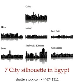 Set of 7 City silhouette in Egypt ( Cairo, Suez, Luxor, Alexandria, Port Said, Giza, Shubra El-Kheima )