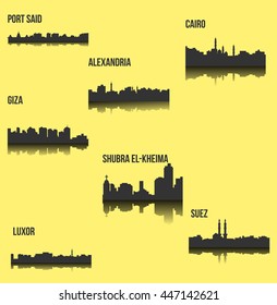 Set of 7 City silhouette in Egypt ( Cairo, Suez, Luxor, Alexandria, Port Said, Giza, Shubra El-Kheima )