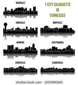 Set of 7 City Silhouette in Tennessee ( Knoxville, Nashville, Memphis, Cookeville, Clarksville, Maryville, Chattanooga )