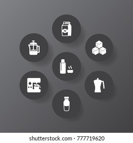 Set Of 7 Coffee Icons Set.Collection Of Espresso Dispenser, Sweetener, Mocha And Other Elements.