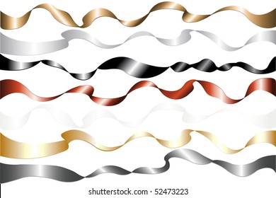 Set Of 7 Colorful Metal Ribbons (Golden, Silver, Bronze, Black, Gray, Red, White), Isolated On White