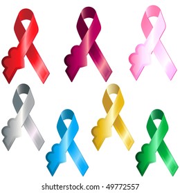 Set of 7 colorful metalique aspect ribbons with heart. Editable Vector Image