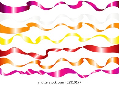 Set Of 7 Colorful Ribbons (Orange, Yellow, Red, Purple, Pink, White, Magenta), Isolated On White