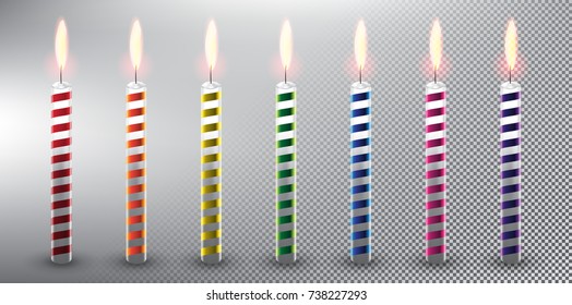 Set of 7 colorful vector candles. Birthday cake candles. Realistic and isolated with transparent burning flame and shadow on the white background. Vector illustration. Eps10.