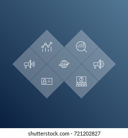Set Of 7 Commercial Outline Icons Set.Collection Of Promotion, Business Card, Brand Awareness Elements.