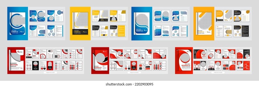 Conjunto de 7 Diseño de plantilla de folleto del perfil de la empresa. plantilla de folletos corporativos de 16 páginas, diseño de plantillas de folletos comerciales multipáginas mínimo, informe anual, diseño geométrico plano y minimalista a la moda. 