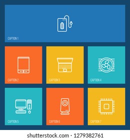 Set of 7 computer icons line style set. Collection of computer, supply, microprocessor and other elements.