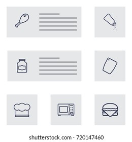 Set Of 7 Cooking Outline Icons Set.Collection Of Chopping Board, Salt, Chicken Leg And Other Elements.