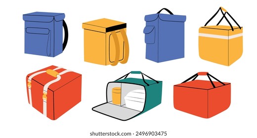 Set with 7 courier delivery bags for fresh meals and food, hand drawn insulated waterproof containers in flat style. Isolated on white vector illustrations