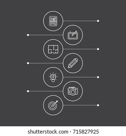 Set Of 7 Creative Outline Icons Set.Collection Of Dslr Camera, Drawing Tools, Property Plan And Other Elements.