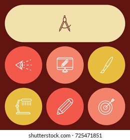 Set Of 7 Creative Outline Icons Set.Collection Of Table Lamp, Monitor, Target And Other Elements.