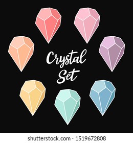 Set of 7 crystals and minerals on black background. Premium crystal gemstone in pastel colors.