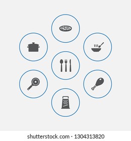 Set of 7 culinary icons set. Collection of pizza, skillet, pan and other elements.