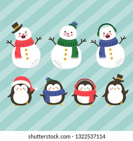 Set of 7 cute christmas character with snowman and penguin in flat vector style illustration