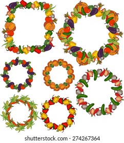 Set of 7 cute hand drawn frames with vegetables, including pumpkin, cucumber, tomato, carrots and others. Vector