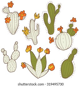 Set of 7 cute isolated doodles cacti with flowers.
