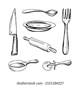 Conjunto de 7 líneas negras delgadas de cuchillería sobre un fondo blanco - Ilustración vectorial