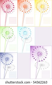  Set of 7 dandelions note paper sheets, days of week.