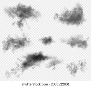 Set of the 7 dark gloomy vector realistic clouds isolated on white semi transparent background. Black smoke from fire or conflagration. Else useful for halloween or another fearfull theme.