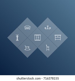 Set Of 7 Decor Outline Icons Set.Collection Of Moving Chair, Nightstand, Bar Stool Elements.