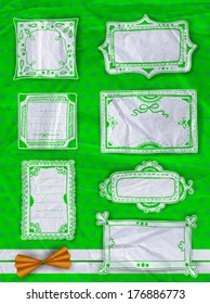 Set of 7 decorative hand-drawn labels, elements for St.Patrick's day design, orange bow and green clovers background pattern with old crumpled paper texture