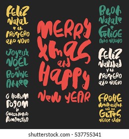 Set of 7 decorative handdrawn lettering. Modern ink calligraphy. Merry Christmas and Happy New Year in different European languages. Handwritten colorful phrases on black background. Vector elements.
