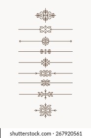 Set of 7 decorative vector mono line style text dividers with pair of bonus decorative elements.